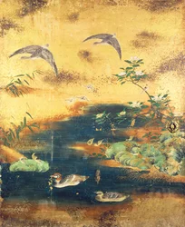Panneau de porte coulissante avec oiseaux et fleurs